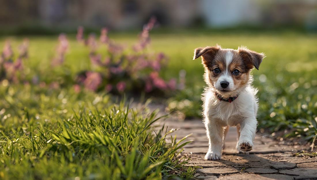 A cute little brown and white dog walks on a path.
