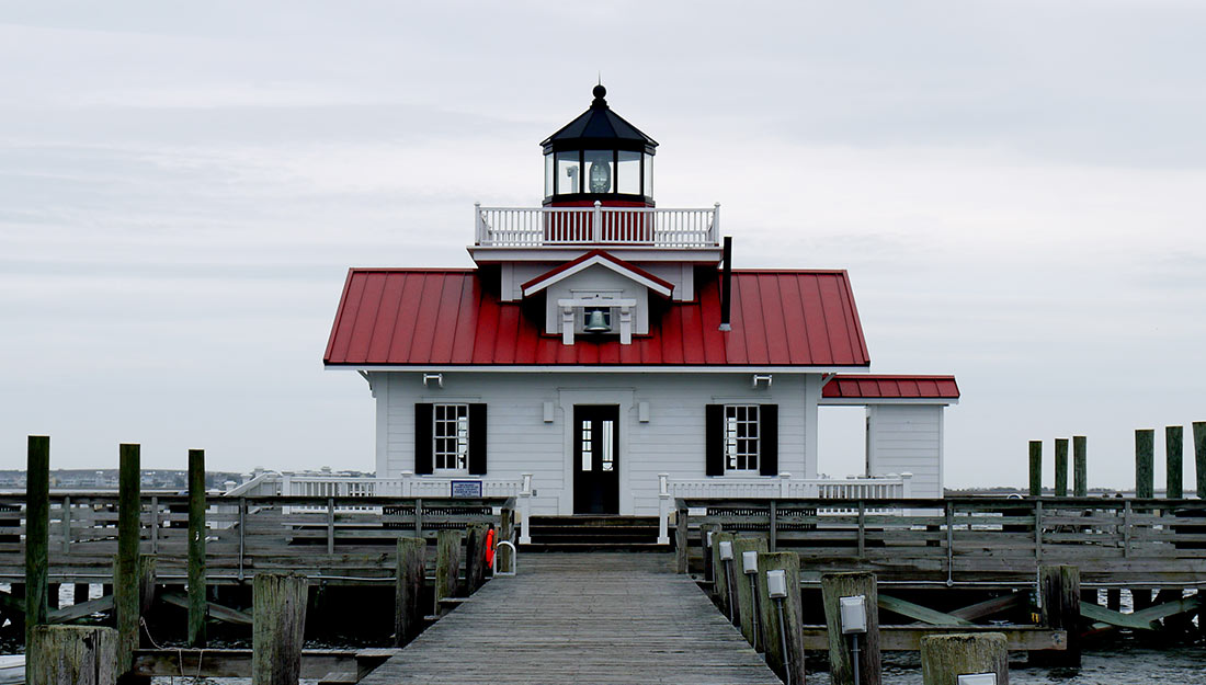 A view of Roanoke Marshes Lighthouse in Manteo, NC.