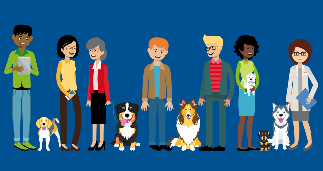 Illustrated image of workers and their pets