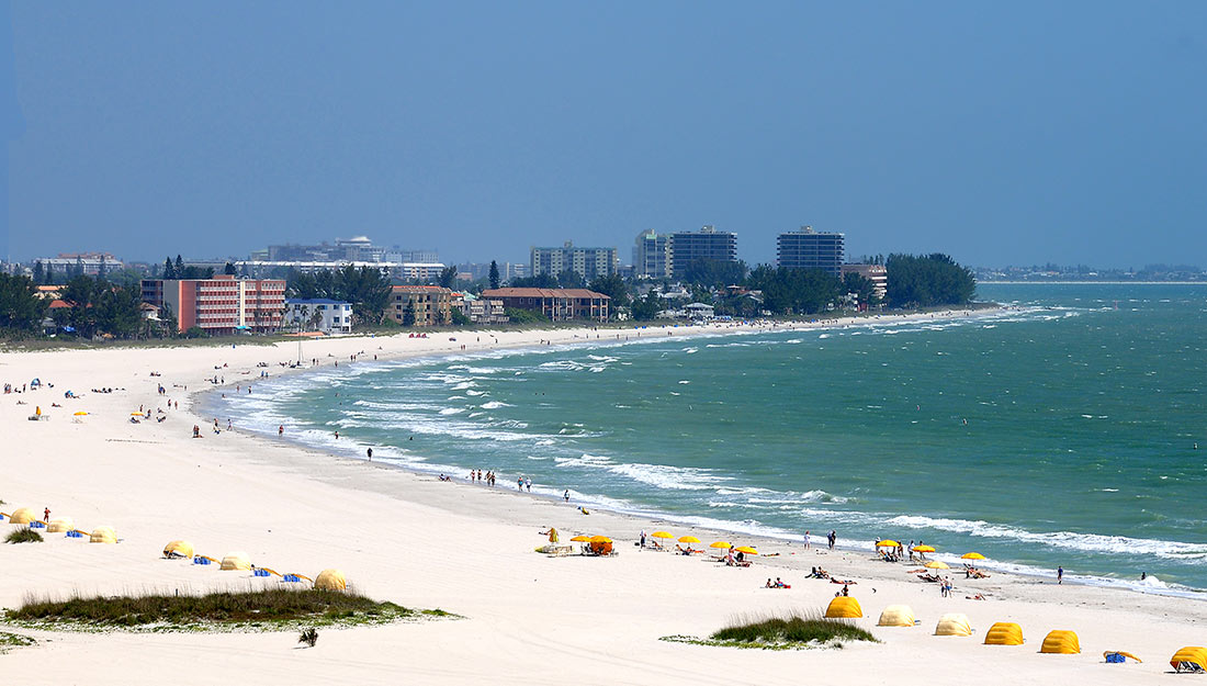 A view of the beach and skyline of Treasure Island|