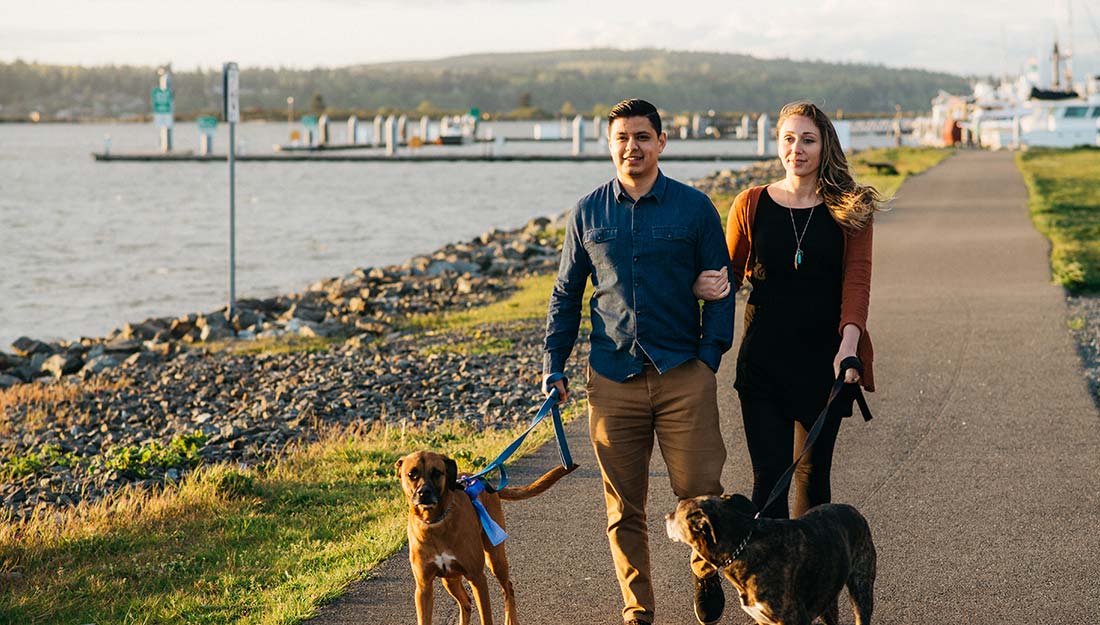 A man and woman walk with dogs on leashes along a paved pet-friendly trail.|Dog looking at walking trail|