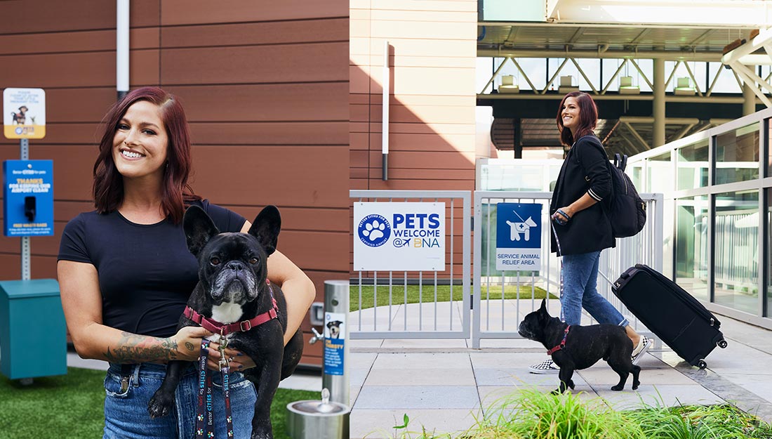 Singer-songwriter Cassadee Pope checking out the new pet-friendly amenities at Nashville International Airport with her French bulldog