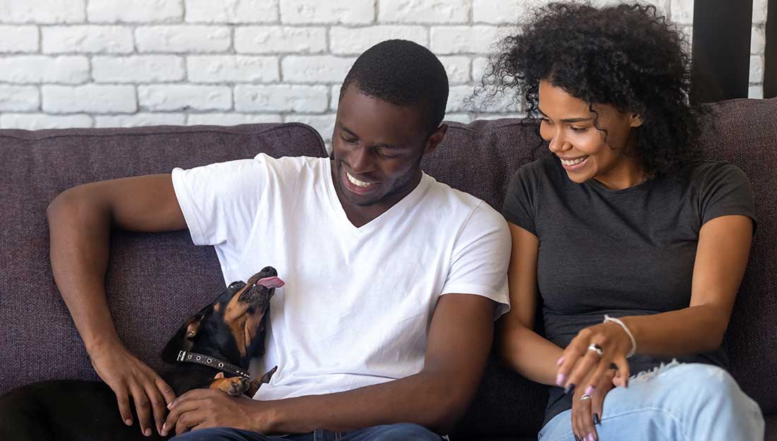 happy couple with dog at home||cute dog on porch